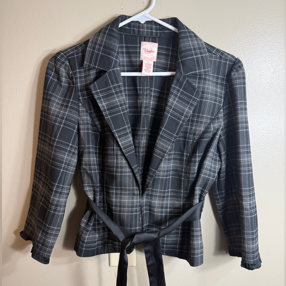 Candie’s Plaid Cropped Blazer Tie Waist Jacket Women’s Large Y2K Preppy